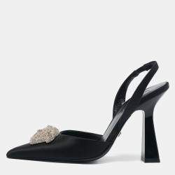 Versace Black Satin Crystal Embellished La Medusa Slingback Pumps Size 35.5