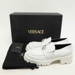 Pre Owned Versace White Leather Medusa Loafers Size 39.5