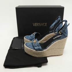 Versace Blue Denim Wedge Espadrille Ankle Sandals Size 39