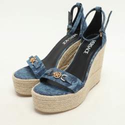Versace Blue Denim Wedge Espadrille Ankle Sandals Size 39