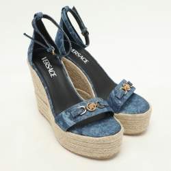 Versace Blue Denim Wedge Espadrille Ankle Sandals Size 39