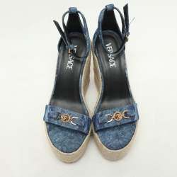 Versace Blue Denim Wedge Espadrille Ankle Sandals Size 39