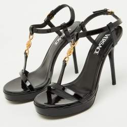 Versace Black Patent Leather Medusa'95 Platform T-Strap Sandals Size 37.5