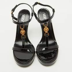 Versace Black Patent Leather Medusa'95 Platform T-Strap Sandals Size 37.5