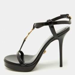 Versace Black Patent Leather Medusa'95 Platform T-Strap Sandals Size 37.5