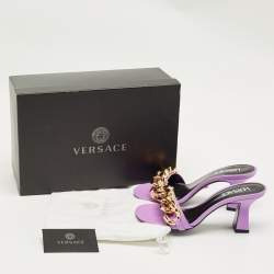 Pre Owned Versace Purple Leather Medusa Chain Slide Sandals Size 37