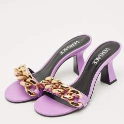Pre Owned Versace Purple Leather Medusa Chain Slide Sandals Size 37