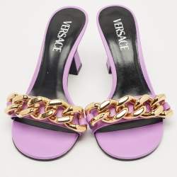 Pre Owned Versace Purple Leather Medusa Chain Slide Sandals Size 37