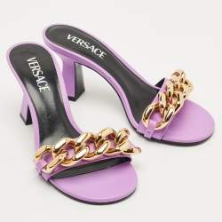 Pre Owned Versace Purple Leather Medusa Chain Slide Sandals Size 37