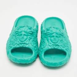 Pre Owned Versace Blue Rubber Medusa Embossed Pool Slides Size 39