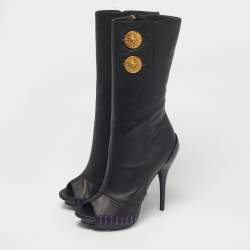 مملوكة مسبقًا بوت فيرساتشي منتصف الساق مفتوح الأصابع ميدوسا جلد أسود مقاس 39