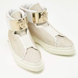 Pre Owned Versace White Leather Studded Medusa High Top Sneakers Size 41