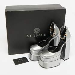 Pre Owned Versace Metallic Silver Lurex Fabric Medusa Aevitas Double Platform Pumps Size 36