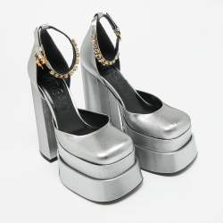 Pre Owned Versace Metallic Silver Lurex Fabric Medusa Aevitas Double Platform Pumps Size 36