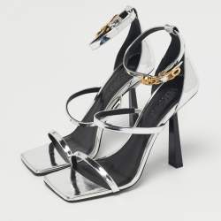 مملوكة مسبقًا Versace Silver Leather Safety Pin Ankle Strap Sandals Size 39