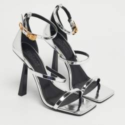 مملوكة مسبقًا Versace Silver Leather Safety Pin Ankle Strap Sandals Size 39