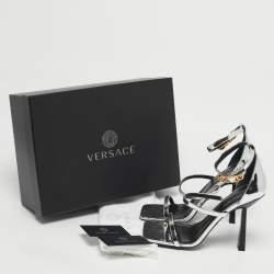 مملوكة مسبقًا Versace Silver Leather Safety Pin Ankle Strap Sandals Size 39