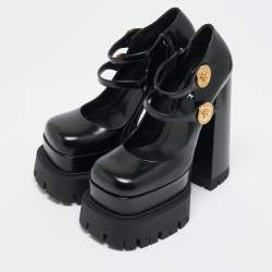 مملوكة مسبقًا حذاء كعب عالي فيرساتشي ميدوسا أفايتاس جلد أسود بنعل سميك مقاس 39