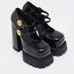 مملوكة مسبقًا حذاء كعب عالي فيرساتشي ميدوسا أفايتاس جلد أسود بنعل سميك مقاس 39