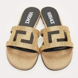 Pre Owned حذاء فلات فيرساتشي سهل الإرتداء سويدي أسود/ ذهبي مرصع بالكريستالات غريكا مقاس 35