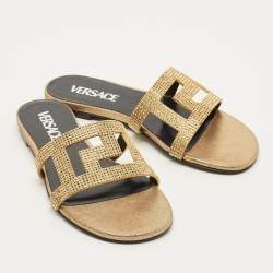 Pre Owned حذاء فلات فيرساتشي سهل الإرتداء سويدي أسود/ ذهبي مرصع بالكريستالات غريكا مقاس 35