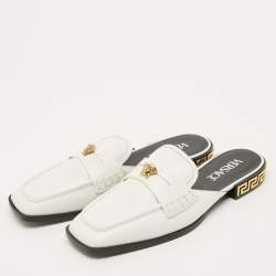 Pre Owned Versace La Medusa Size 37 White Leather Square Toe Flat Mules