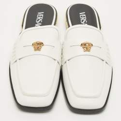 Pre Owned Versace La Medusa Size 37 White Leather Square Toe Flat Mules