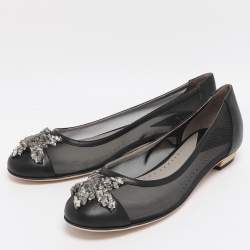 Pre Owned Versace Size 39 Black Leather and Mesh Embellished Ballet Flats