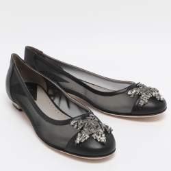 Pre Owned Versace Size 39 Black Leather and Mesh Embellished Ballet Flats