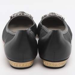 Pre Owned Versace Size 39 Black Leather and Mesh Embellished Ballet Flats