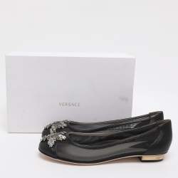 Pre Owned Versace Size 39 Black Leather and Mesh Embellished Ballet Flats