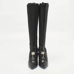 مملوكة مسبقًا حذاء بوت للركبة فيرساتشي جلد أسود وقماش مطاطي مقاس 38