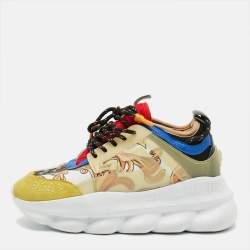 Pre Owned Versace Chain Reaction Size 39 Multicolor Canvas and PVC Lace Up Sneakers