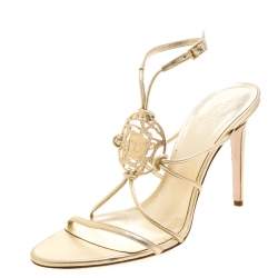 Versace Metallic Gold Leather Crystal Studded Medusa Strappy Sandals Size 41