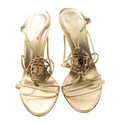 Versace Metallic Gold Leather Crystal Studded Medusa Strappy Sandals Size 41