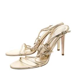 Versace Metallic Gold Leather Crystal Studded Medusa Strappy Sandals Size 41