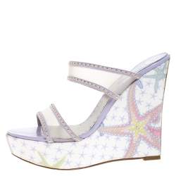 Versace Lilac Mesh And Suede Studded Trim Wedge Platform Sandals Size 40