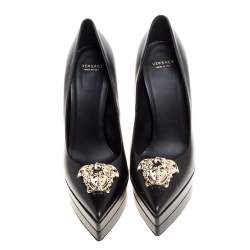 Pre Owned Versace Black Leather Medusa Platform Pointed Toe Pumps Size 38