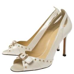 Pre Owned Versace White Leather Studded Buckle Detail Open Toe Pumps Size 41
