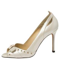 Pre Owned Versace White Leather Studded Buckle Detail Open Toe Pumps Size 41