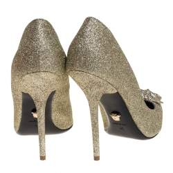 Pre Owned Versace Gold Glitter Fabric Medusa Pointed Toe Pumps Size 40