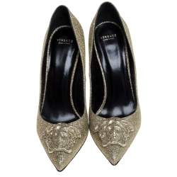 Pre Owned Versace Gold Glitter Fabric Medusa Pointed Toe Pumps Size 40
