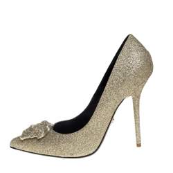 Pre Owned Versace Gold Glitter Fabric Medusa Pointed Toe Pumps Size 40