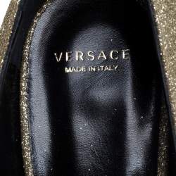 Pre Owned Versace Gold Glitter Fabric Medusa Pointed Toe Pumps Size 40