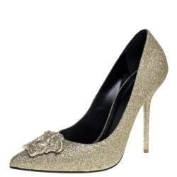 Pre Owned Versace Gold Glitter Fabric Medusa Pointed Toe Pumps Size 40