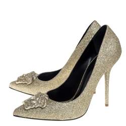 Pre Owned Versace Gold Glitter Fabric Medusa Pointed Toe Pumps Size 40