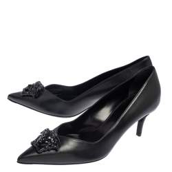 Pre Owned Versace Black Leather Medusa Pointed Toe Pumps Size 37