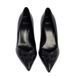 Pre Owned Versace Black Leather Medusa Pointed Toe Pumps Size 37