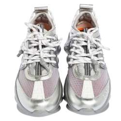 Pre Owned حذاء رياضي فيرساتشي تشين رأكشن جلد وجلد لامع وشبكة رصاصي ميتاليك مقاس 41