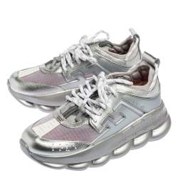 Pre Owned حذاء رياضي فيرساتش ي تشين رأكشن جلد وجلد لامع وشبكة رصاصي ميتاليك مقاس 41